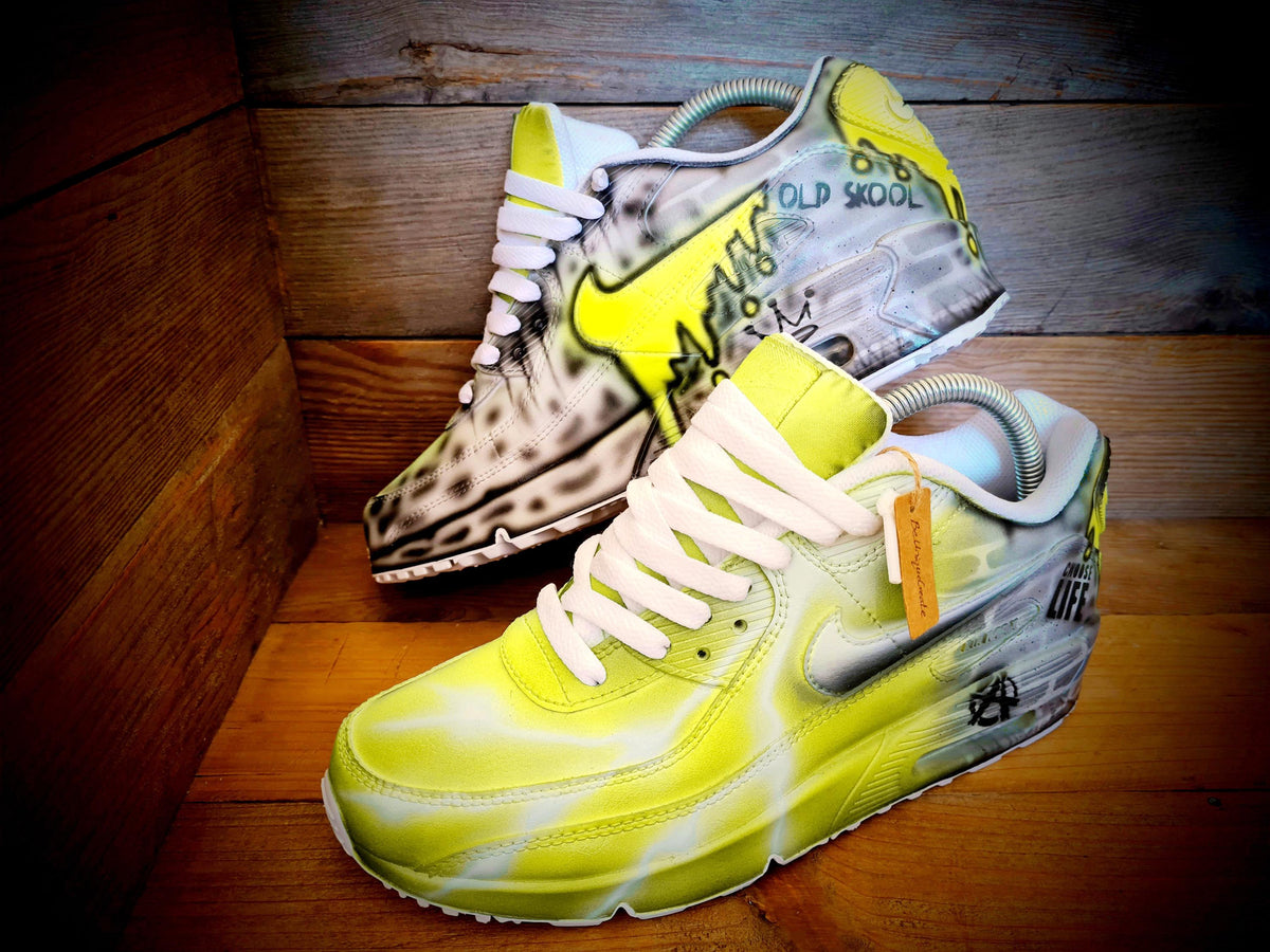 Custom Painted Air Max 90 - Yellow White Brick Wall Graffiti Drip Trainers