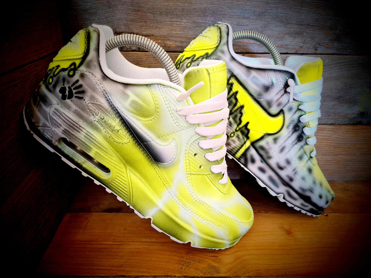 Custom Painted Air Max 90 - Yellow White Brick Wall Graffiti Drip Trainers