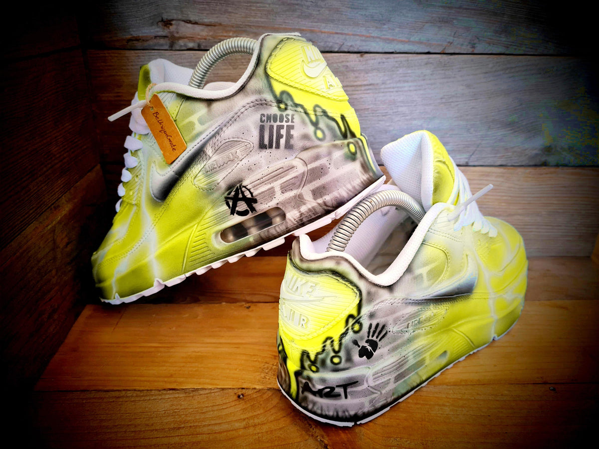 Custom Painted Air Max 90 - Yellow White Brick Wall Graffiti Drip Trainers