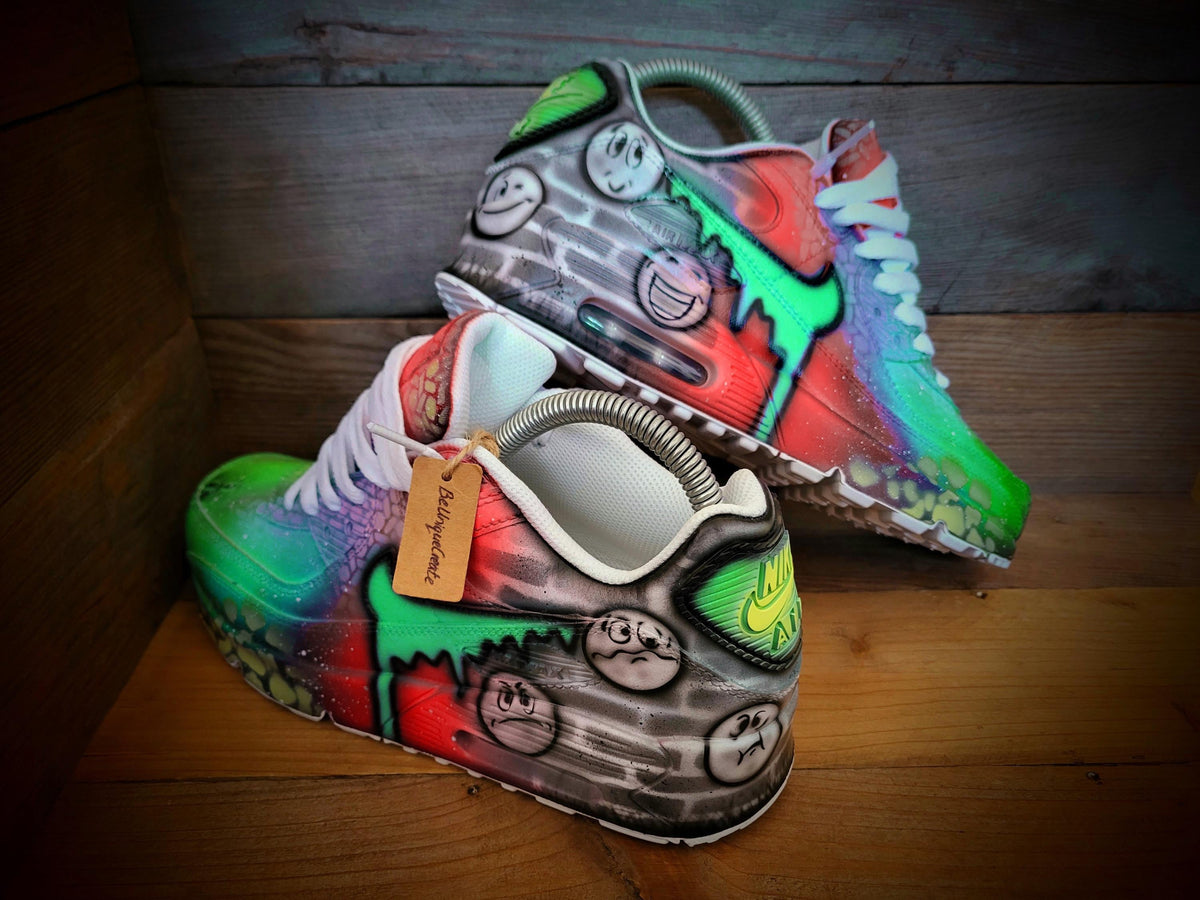 Custom Painted Air Max 90 - Emoji Emotions Orange Green Drip Trainers