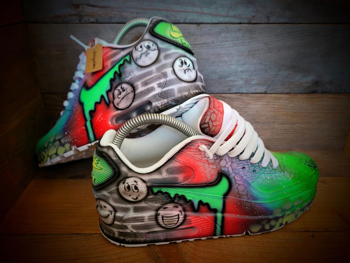 Custom Painted Air Max 90 - Emoji Emotions Orange Green Drip Trainers