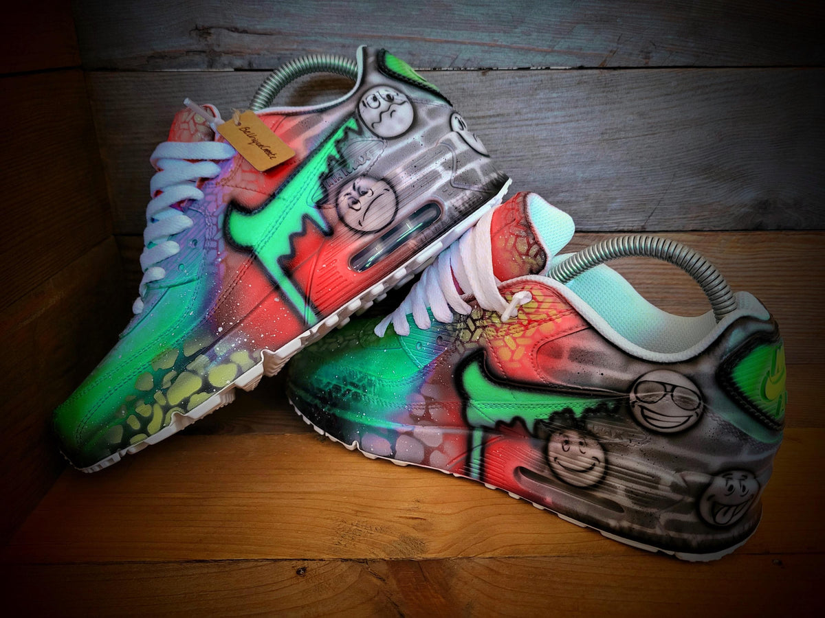 Custom Painted Air Max 90 - Emoji Emotions Orange Green Drip Trainers