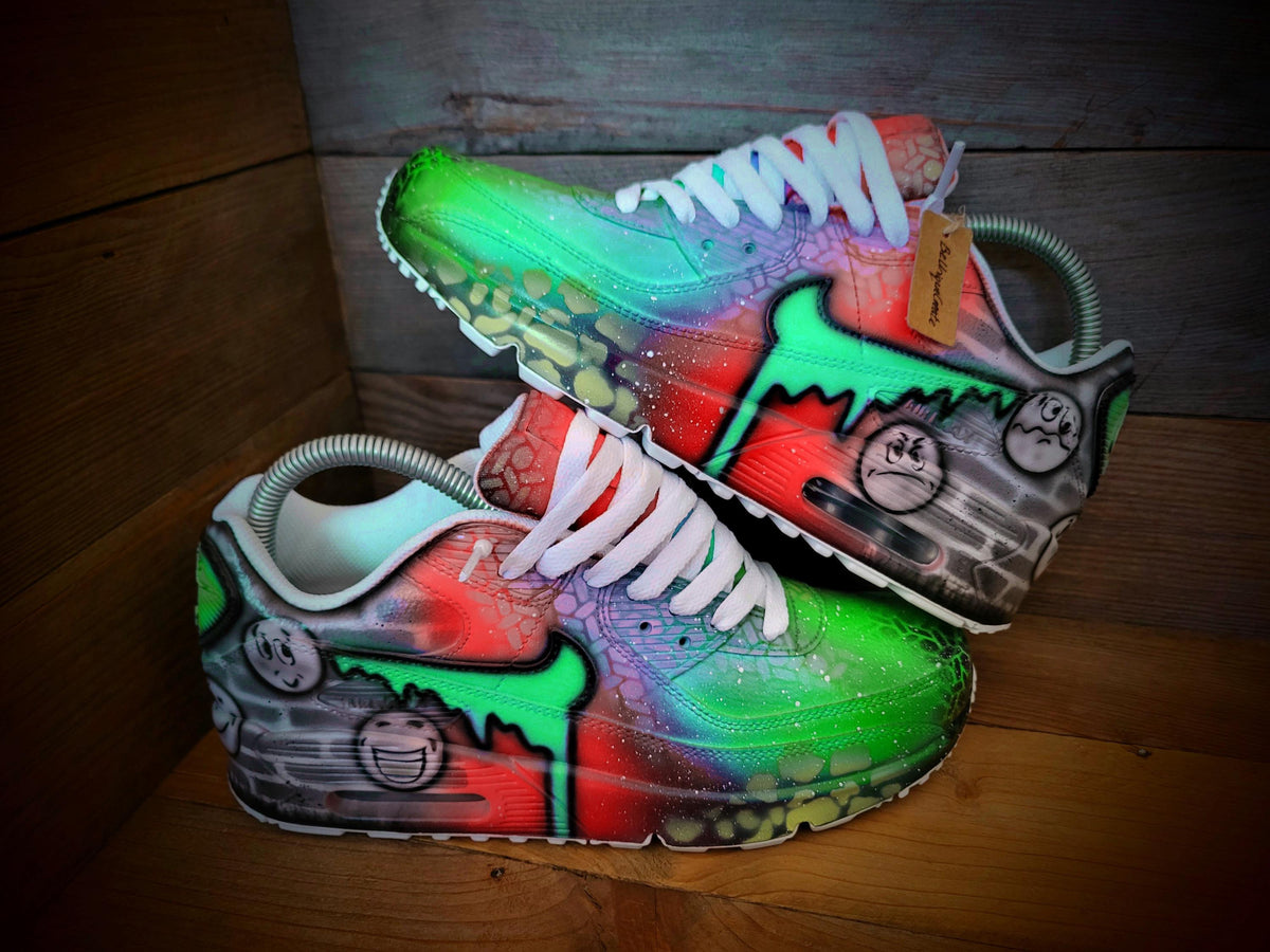 Custom Painted Air Max 90 - Emoji Emotions Orange Green Drip Trainers