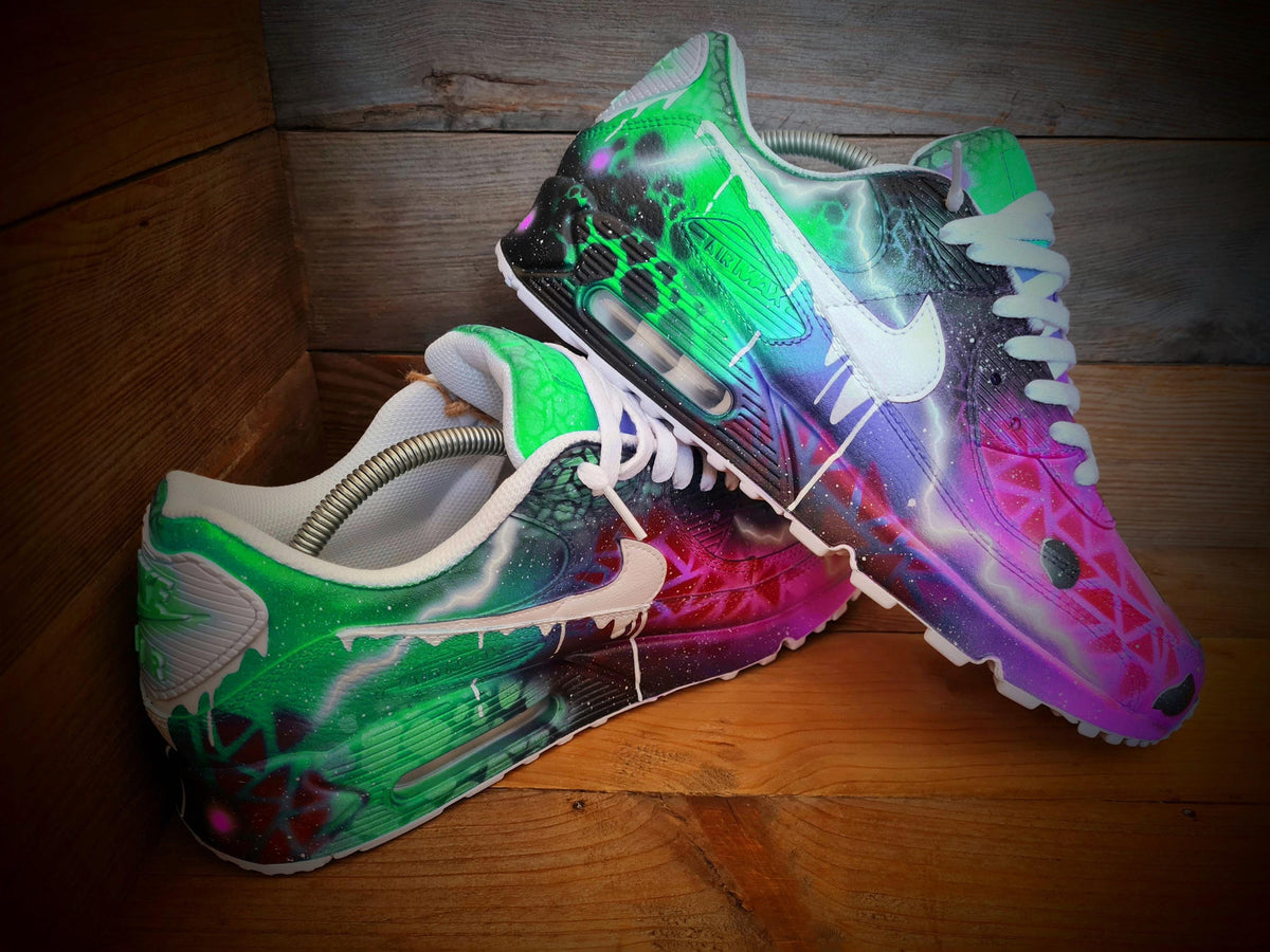 Custom Painted Air Max 90 - Neon Green Pink Graffiti Drip Trainers