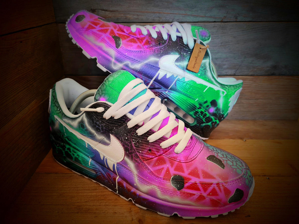Custom Painted Air Max 90 - Neon Green Pink Graffiti Drip Trainers
