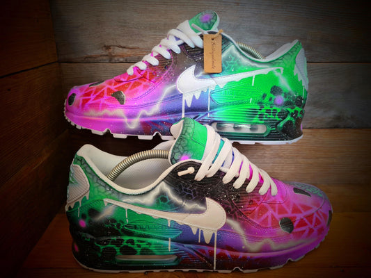 Custom Painted Air Max 90 - Neon Green Pink Graffiti Drip Trainers