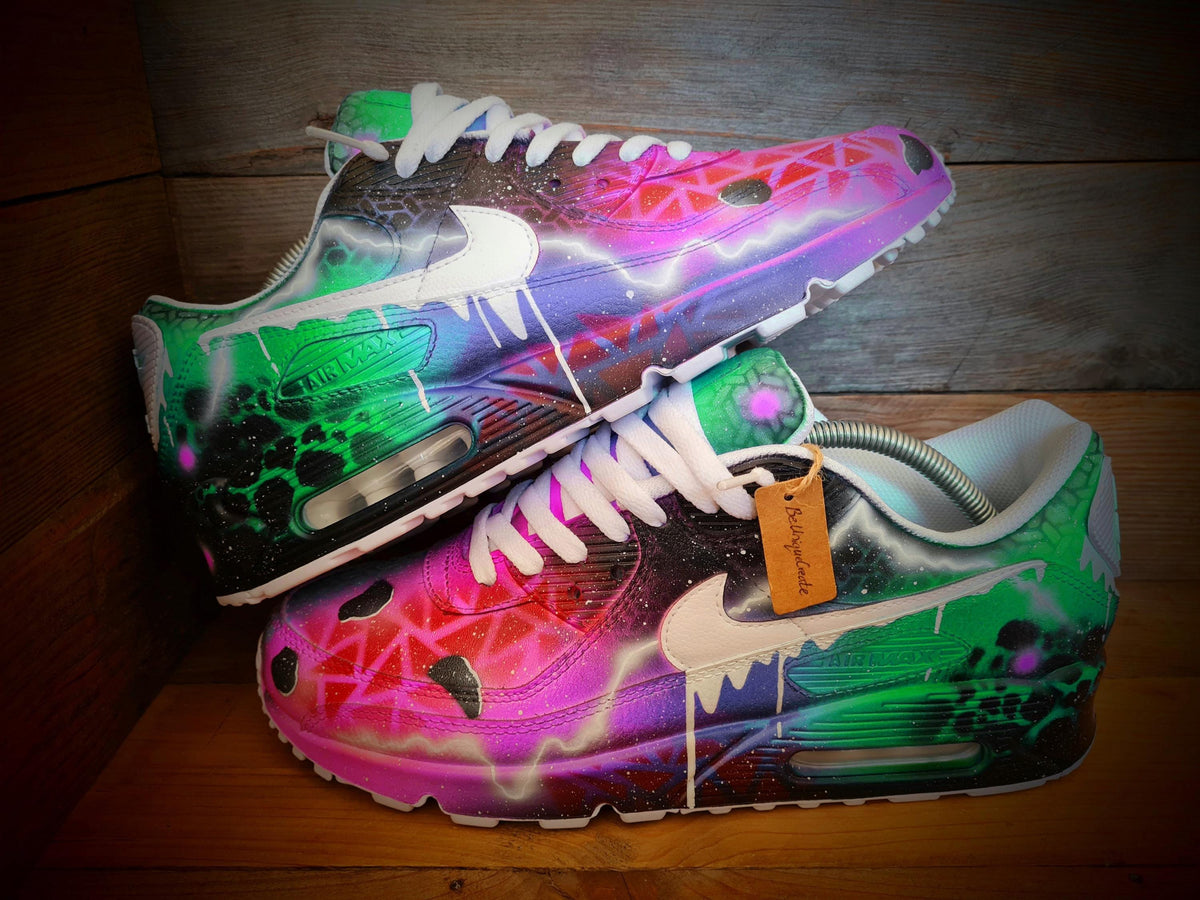 Custom Painted Air Max 90 - Neon Green Pink Graffiti Drip Trainers