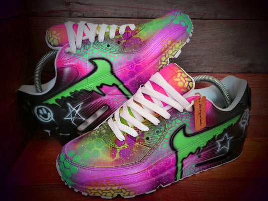 Custom Painted Air Max 90 - Green Pink Dripping Graffiti Trainers