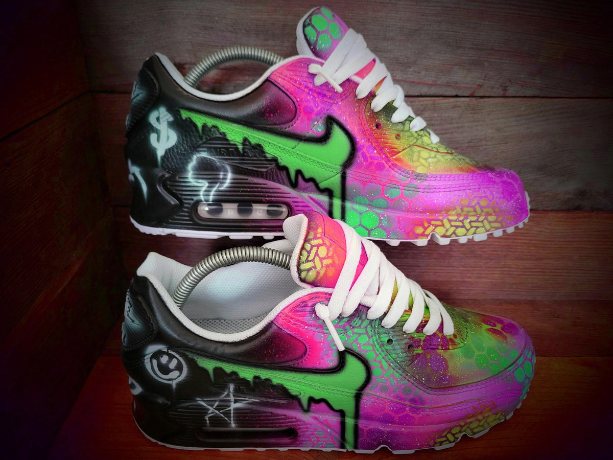 Custom Painted Air Max 90 - Green Pink Dripping Graffiti Trainers