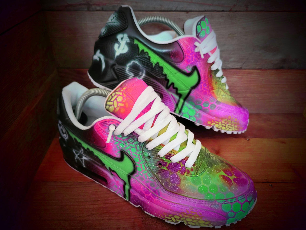 Custom Painted Air Max 90 - Green Pink Dripping Graffiti Trainers