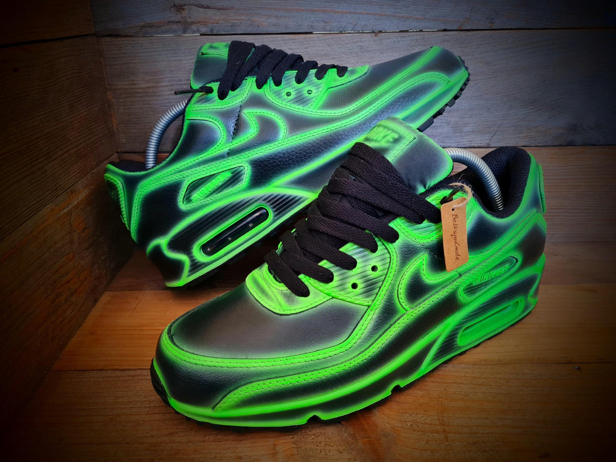 Custom Painted Air Max 90 - Neon Green Black Cartoon Trainers