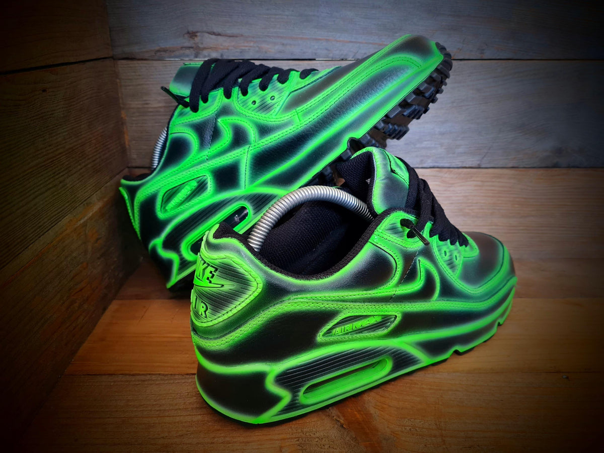 Custom Painted Air Max 90 - Neon Green Black Cartoon Trainers