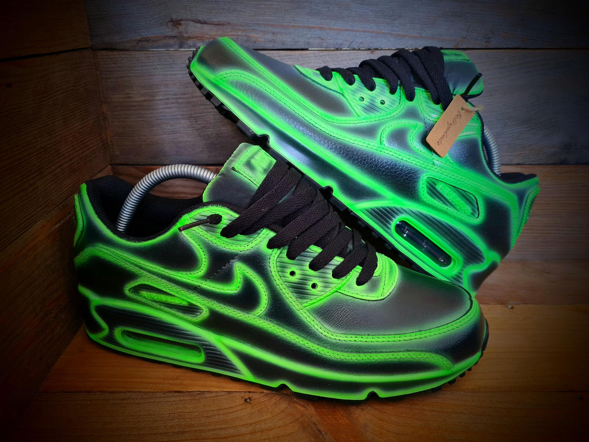 Custom Painted Air Max 90 - Neon Green Black Cartoon Trainers