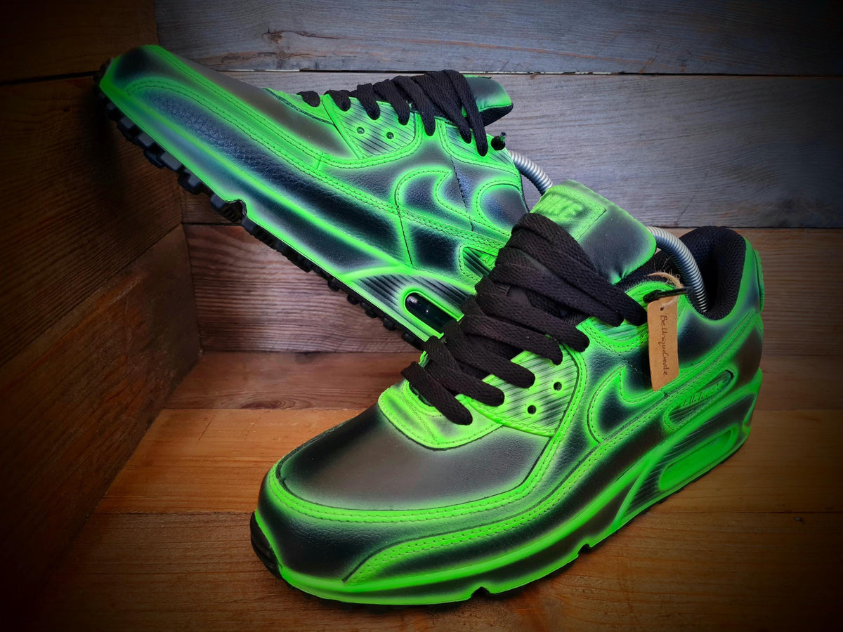 Custom Painted Air Max 90 - Neon Green Black Cartoon Trainers