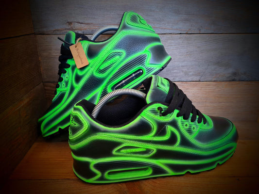 Custom Painted Air Max 90 - Neon Green Black Cartoon Trainers